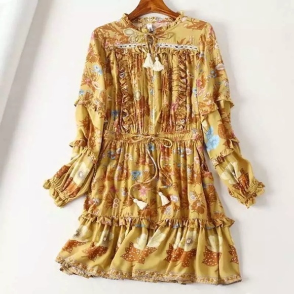 SOLD OUT Golden Floral Ruffle Fall Boho Long Sleeve Dress - Picture 8 of 12